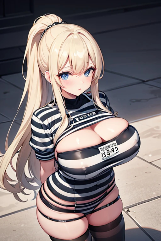 mugshot, view the viewer, Huge breast, prisoner, prison girl, jailed, prisoned, Striped black and white prison jumpsuit, Handcuffed, Restrained, shackle, domina, jail cell, lock, long blonde hair, ponytail, blue eyes