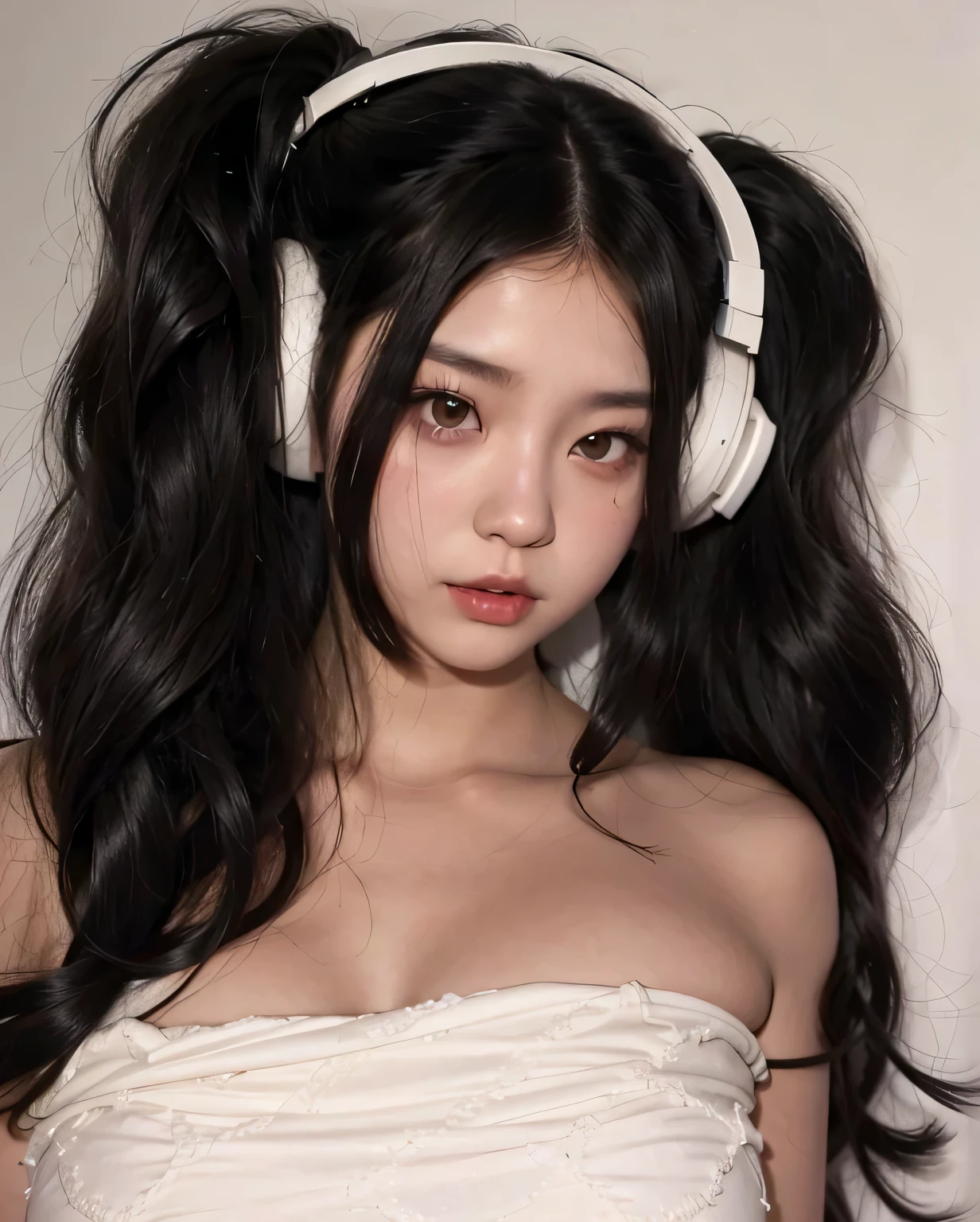 arafed woman with headphones on her head and a white dress, ulzzang, korean girl, with black pigtails, cruel korean goth girl, white hime cut hairstyle, asian girl with long hair, black hime cut hair, pigtails hairstyle, beautiful south korean woman, asian features, gorgeous young korean woman, beautiful young korean woman, girl with cat ears