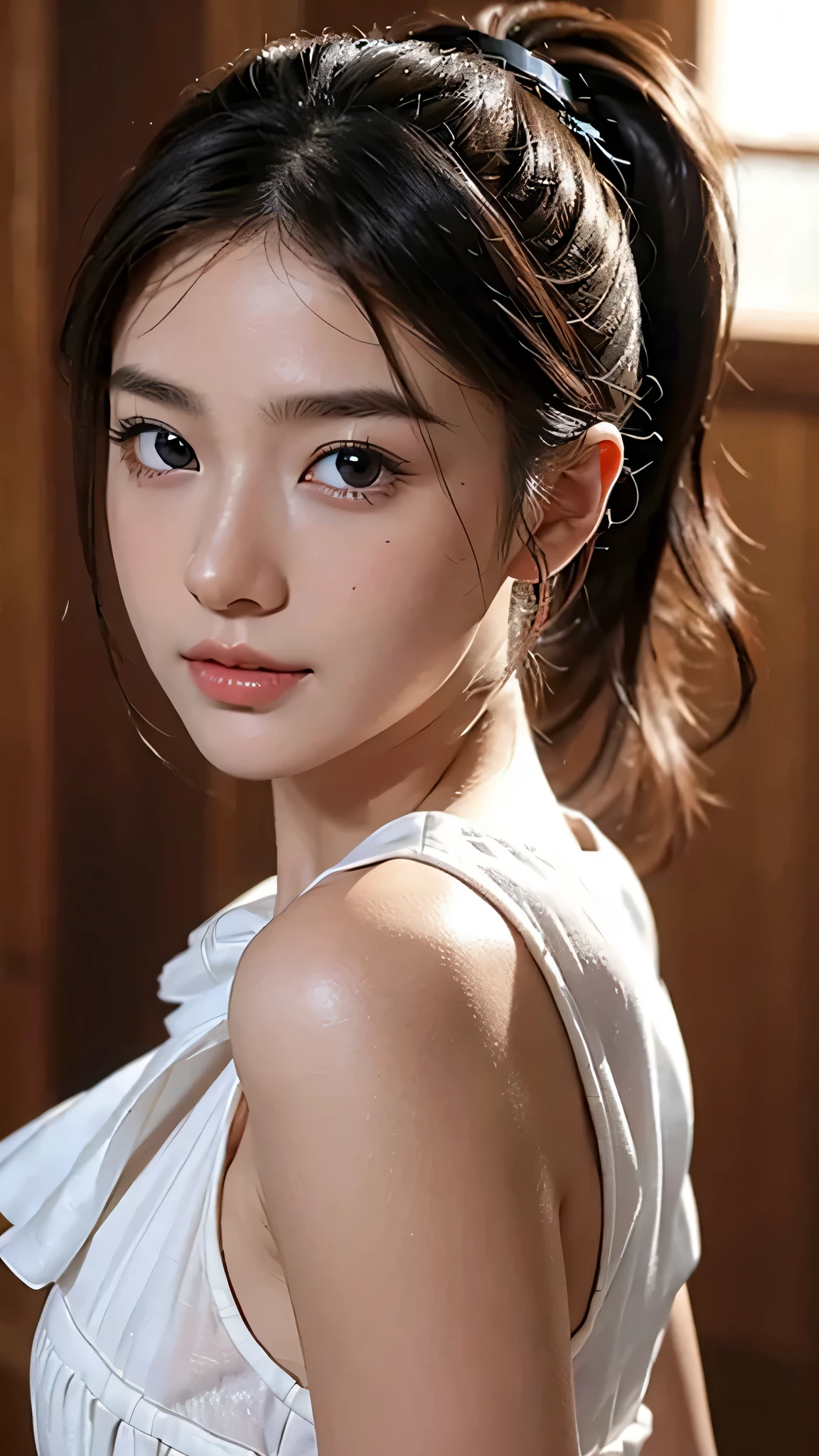 One woman,fully body photo,masutepiece, The highest image quality, High quality, the background is clear，Beautiful woman, Japanese, Detailed, Detailed eyes, Detailed skin, Beautiful skin, 超hight resolution, (reality: 1.4),Very beautiful woman, Slightly younger face, Beautiful skin, slender, (Ultra photo realsisim), (hight resolution), (8K), (Very detailed) (beautifully detailed eyes), (super detailed),   (Detailed face), view the viewer, Fine details, Detailed face, Staring straight ahead, Staring straight ahead, photos realistic, Bright lighting, Professional Lighting, Black hair,poneyTail,a baby face,sixteen years old,Hairstyle is ponytail,long ponytail hairstyle,slight smile,Orange colored long dress with lots of ruffles, softly shaped skirt,Spotlight on stage,close-up of face, 