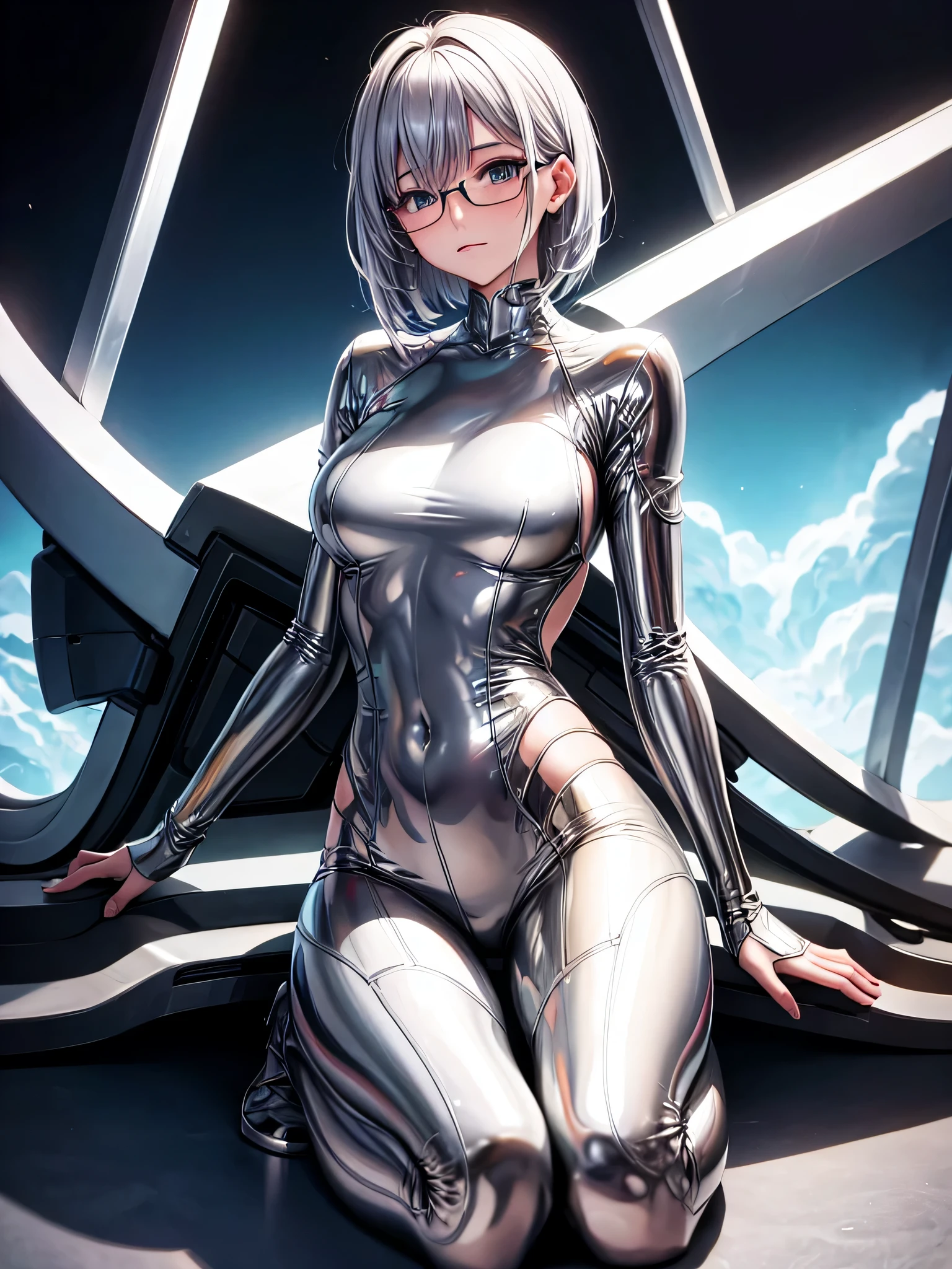 Highest quality 8K UHD、muste piece、Upper body、short hair、Spread your legs apart、Sitting with one leg raised、silver hair、Glasses、Full body shiny silver tights、A beautiful woman wearing a silver metallic suit、Full body silver metallic rubber suit