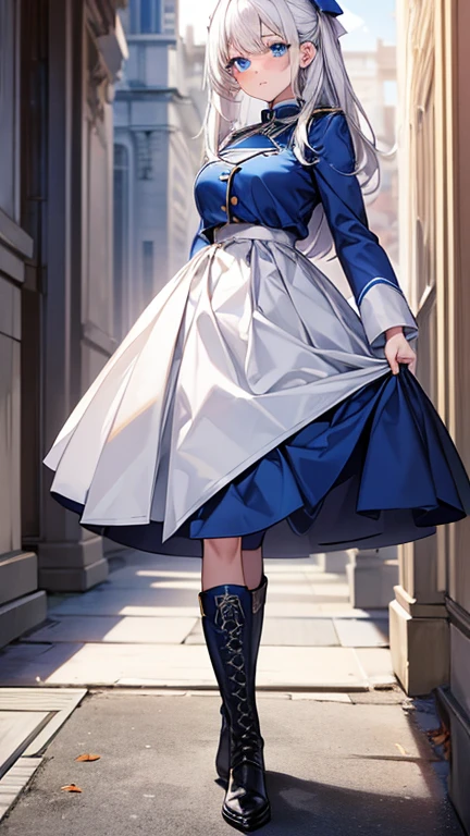 masterpiece, best quality, {best quality}, {{masterpiece}}, {high resolution}, girl,uniform,white hair,cute,1girl,beauty,big blue eyes,boots