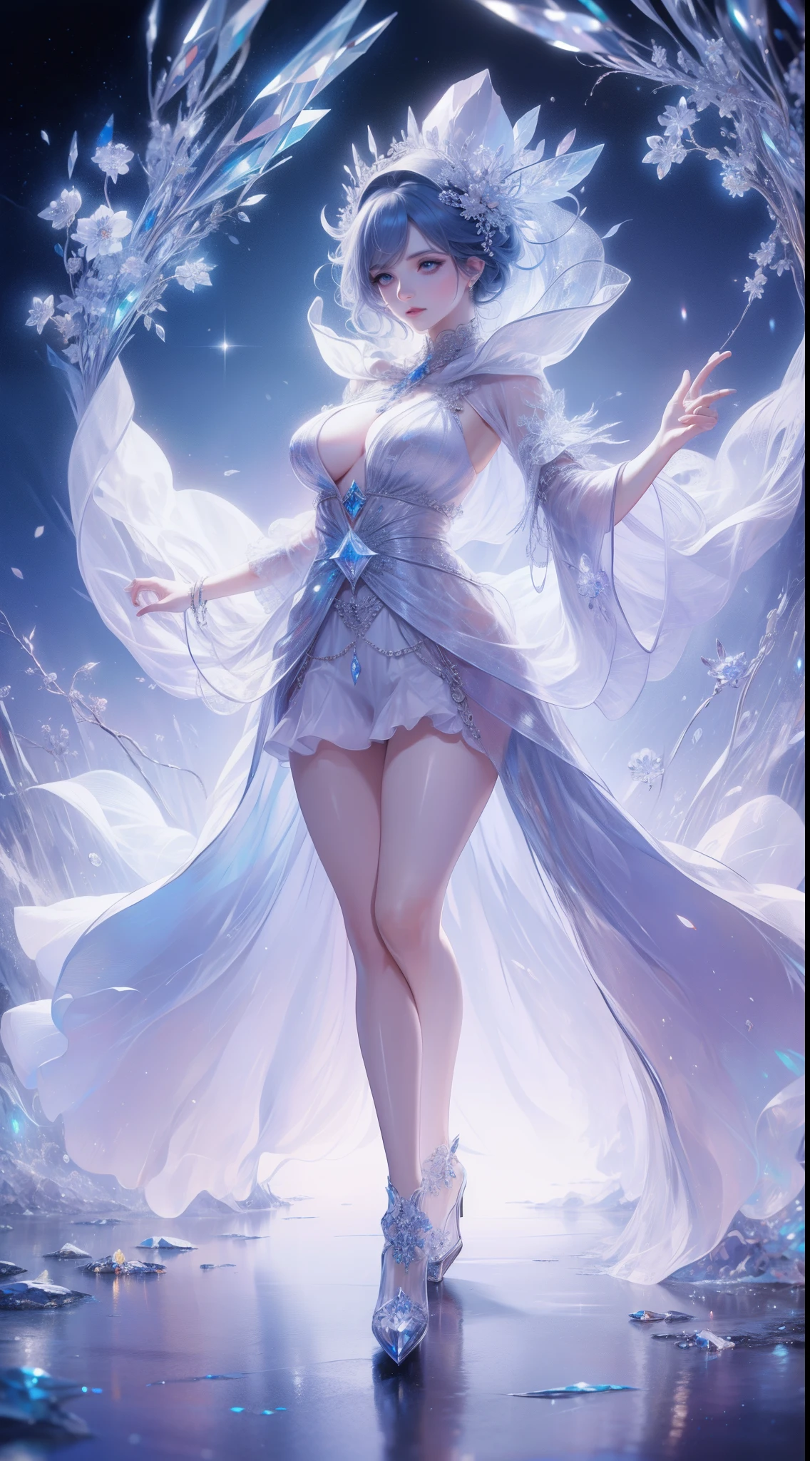 Female snow mage, white hair, snow dress, 23 years old, cleavage, grey eyes, surrounded by the frost, at snow castle, snowflake floating in her hand, RPG style