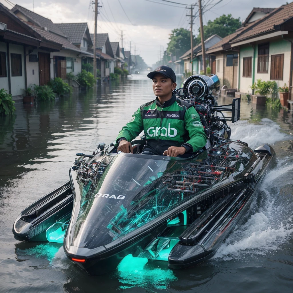 An Indonesian man wearing a green with black stripe jacket that says Grab, driving a future F1 powerboat with transparent body, all body made from glass, an engine like an airplane turbine, gliding smoothly and steadily through a residential alley affected by flood. The background features houses with water reaching their doors, small blue lights burning on the turbine, light smoke coming out from behind, and a few red-blue sparks, rendered in 3D, hyper- realistic RAW, 8K, UHD.