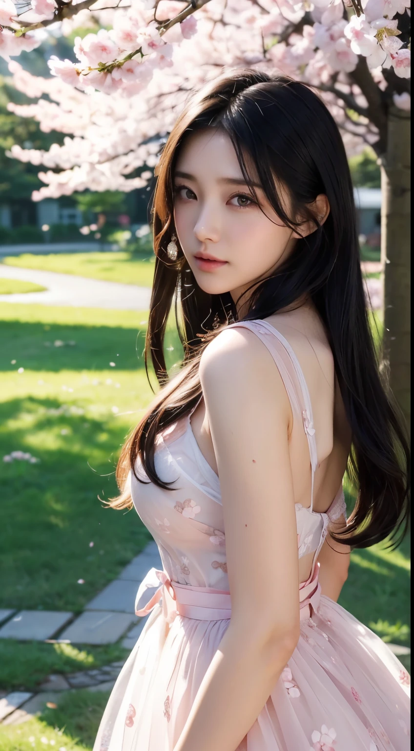 (logo、masterpiece、8K、table top、Raw photo、wonderful、最high quality、フォトリアリスティックでvery detailedな CG 統合 8k 壁紙、high quality、very detailed、Narrative poem、particle effects、dynamic effect、written boundary depth、cinematic light、Lens flare、ray tracing)、fantasy、 (1 beautiful woman、dress、dress、cherry blossom pattern、black haired、beautiful face、real face、beautiful details eyes beautiful skin)、髪がWindで踊る、Hair flutters in Wind、hair bounces、pink cherry tree、petals dance、SakuraFubuki、wonderful景色、sunrise、sun on background、Wind、