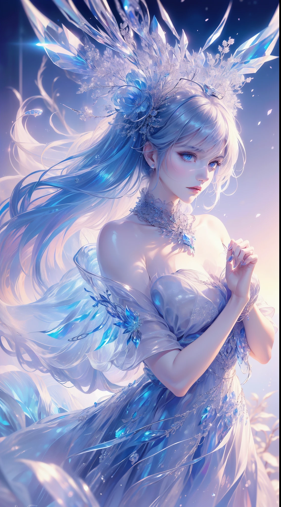 tmasterpiece,Highest high resolution,((((diamond)))),Dynamic avatar of beautiful aristocratic girl,Blue hair is elegantly coiled,,jewelery,adiamondnecklace,(((Wearing a huge cloak))),Purple clear eyes,(((The hair is covered with beautiful and delicate floral craftsmanship, Crystal jewelry filigree))),Ultra-detailed details。