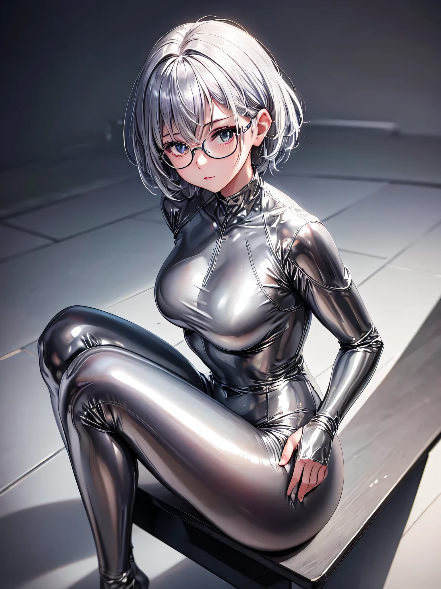 Highest quality 8K UHD、muste piece、Upper body、short hair、Spread your legs apart、Sitting with one leg raised、silver hair、Glasses、Full body shiny silver tights、A beautiful woman wearing a silver metallic suit、Full body silver metallic rubber suit