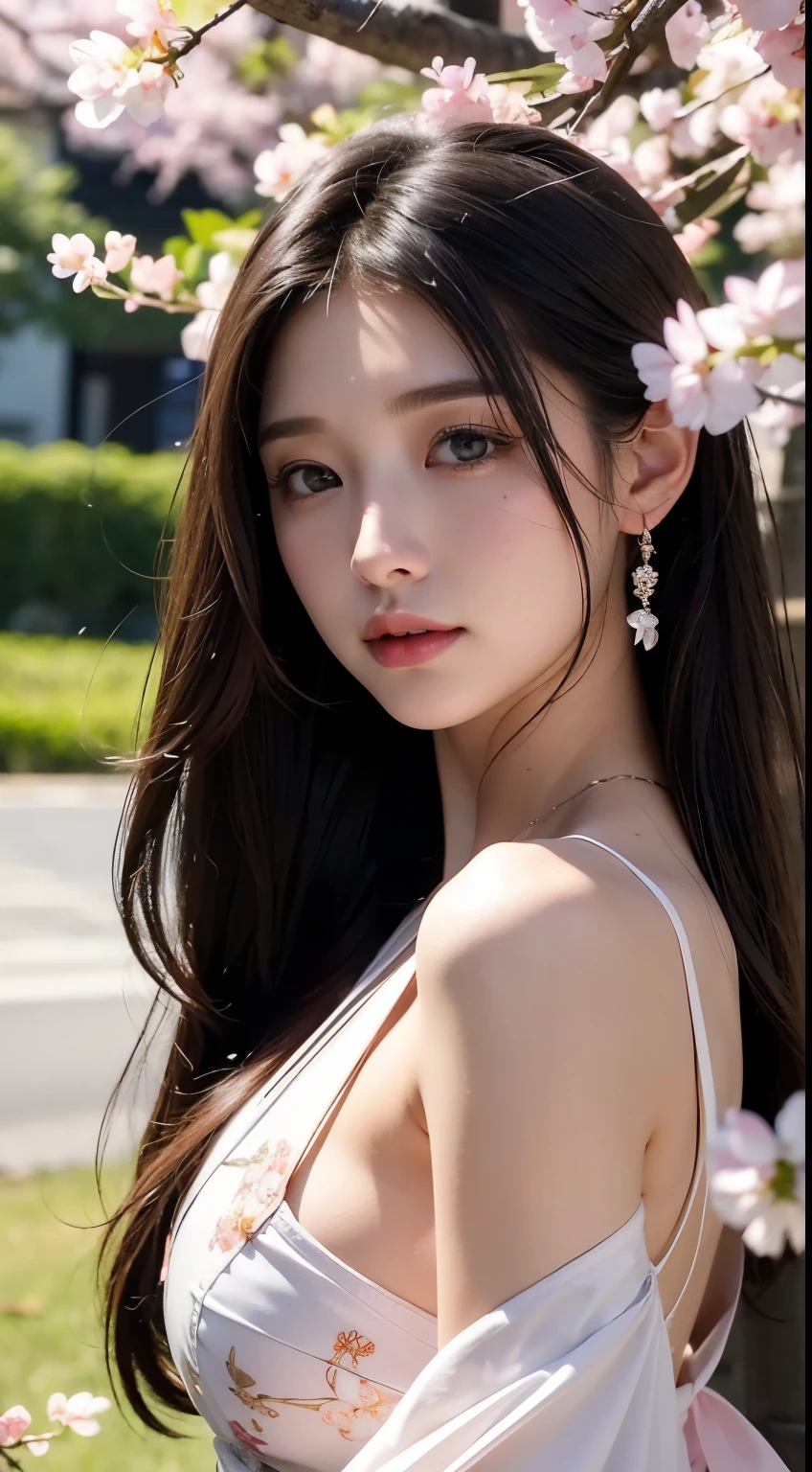 (logo、masterpiece、8K、table top、Raw photo、wonderful、最high quality、フォトリアリスティックでvery detailedな CG 統合 8k 壁紙、high quality、very detailed、Narrative poem、particle effects、dynamic effect、written boundary depth、cinematic light、Lens flare、ray tracing)、fantasy、 (1 beautiful woman、dress、dress、cherry blossom pattern、black haired、beautiful face、real face、beautiful details eyes beautiful skin)、髪がWindで踊る、Hair flutters in Wind、hair bounces、pink cherry tree、petals dance、SakuraFubuki、wonderful景色、sunrise、sun on background、Wind、