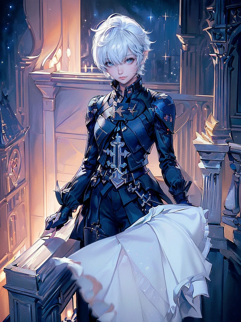 ((4K workasterpiece、(highest quality)、one beautiful girl、Because I'm slender、expensive、((Black Y-shirt and white pants、Charming British knight style))、(detailed beautiful eyes)、A fantastic English black balcony、Castle inhabited by villains、Villain Knight、balcony at night、((Against the background of the starry sky))、((dark sky))、((Stylish cityscape at night))、((Standing on a stylish balcony and shooting))、midnight、((Face similar to Carly Rae Jepsen))、((short white hair))、((face becomes smaller))、((neutral face))、((bright blue eyes))、((American adult women))、((Adult female 26 years old))、((cool woman))、((like a celebrity))、((angry look))、((korean makeup))、((long and sharp eyes))、((happy date))、((boyish))、professional photos、(((shot alone)))、((Photographed from diagonally in front))、((focus zoom in))、((He is looking at the starry sky))、((He is standing on the balcony))、horror、((Beautiful and cool photos))、cool pose