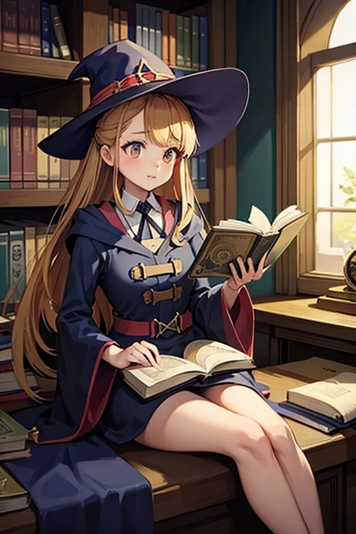 A golden haired female witch with hazel eyes with golden wings is wearing a Victorian dress is reading a book in a dorm