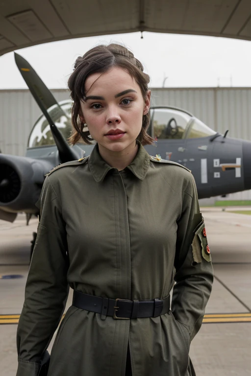 Daisy Ridley, Imagens hiper realista, in the first war in front of a warplane in a military position, alta e magra, cintura fina, com traje militar bem apertado camuflado com camisa militar apertada de aviadora na guerra a noite , cintura pra cima, looking at the camera