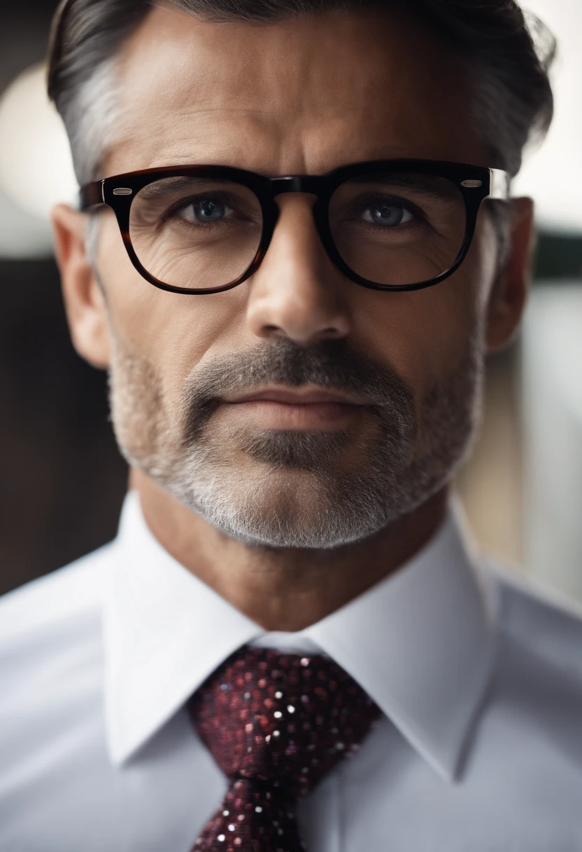 Um homem de 40 anos, com cabelos castanhos curtos,fazer diamantes, olhar rigoroso, e olhos castanhos, wearing white white shirt with tie and glasses.