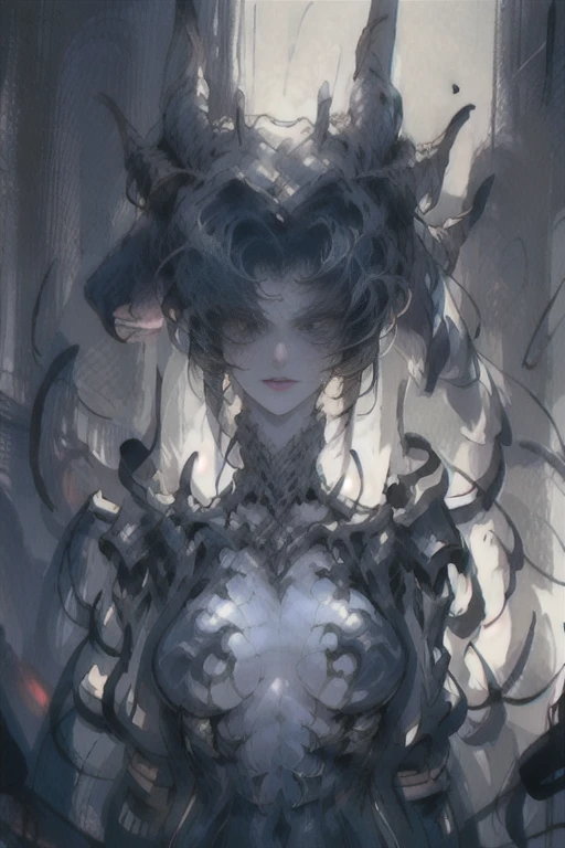 (Masterpiece: 1.2), (Gloomy color scheme), Beauty with long gray hair, Realistic eyes, beatiful face, Beautiful girl with a perfect body, Druid, with large deer antlers on the head, long straight hair, Flowers, entwined with branches, (The body is wrapped in black bandages), 8K high-quality detailed graphics, ((perfect anatomy)), stunning digital illustration, (Body symmetry: 1.2), Upper torso. Gray gloomy background, Dark Forest. Gloomy and hopeless, Dark dramatic lighting, vignette, Depth of field.