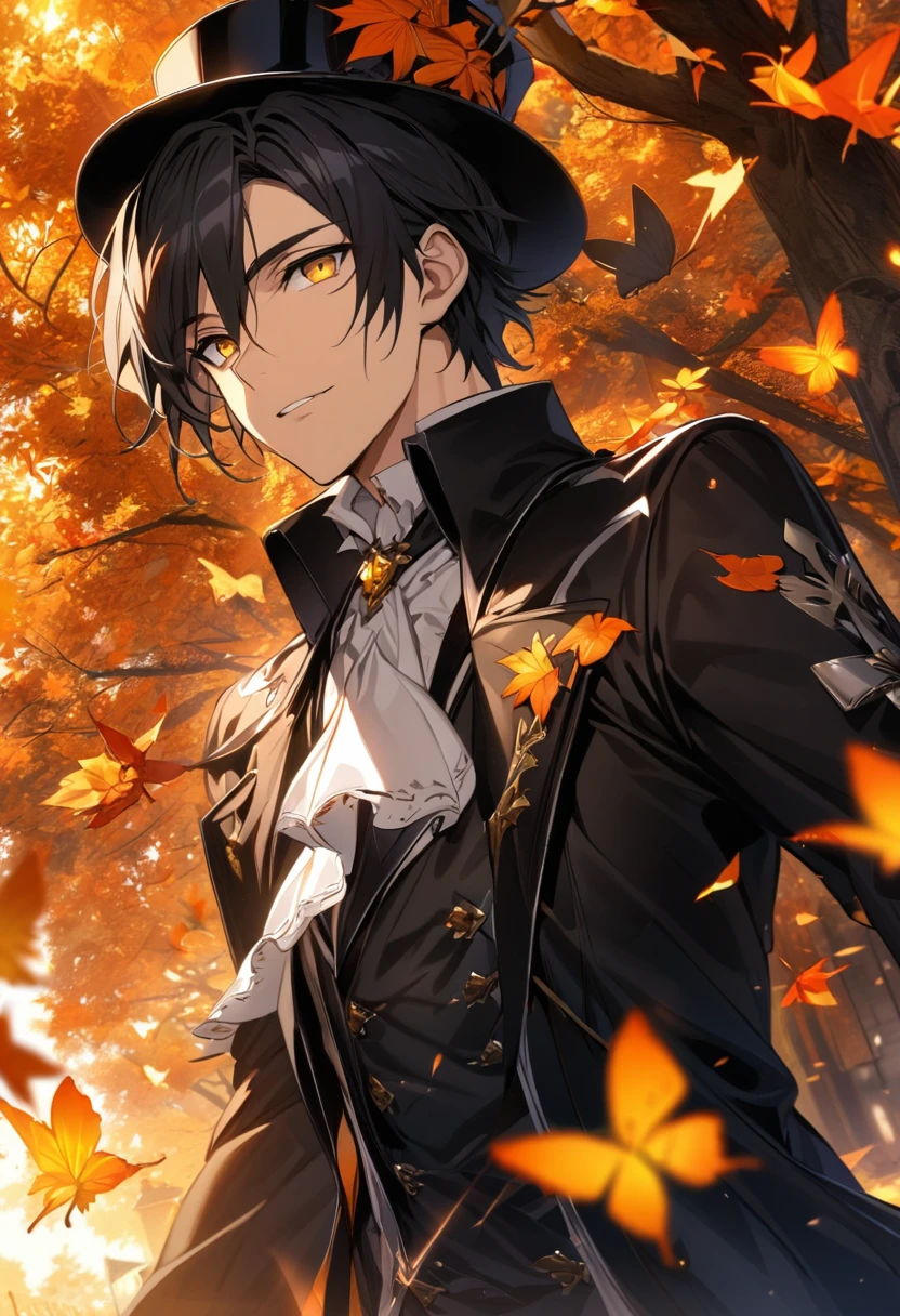 Ultra detailed, highres, absurdres, HDR, Gilbert Nightray, 1 man only, with wavy black hair, golden eyes, Pandora Hearts, handsome, butterflies, orange leaves, autumn, black hat, white gloves,