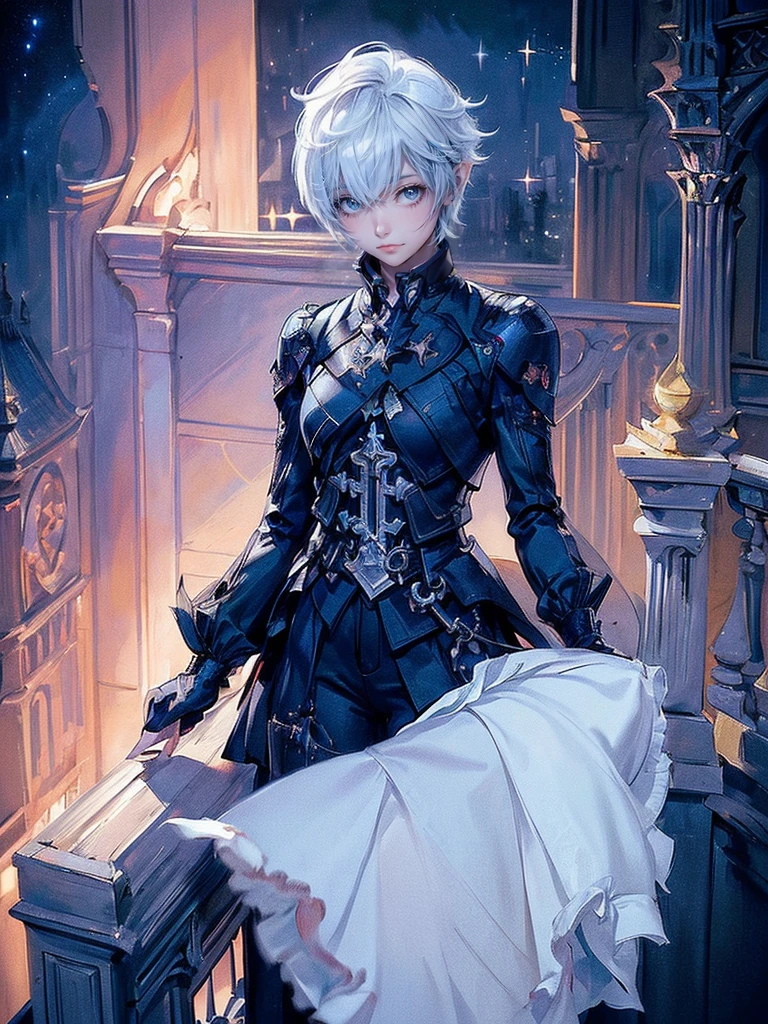 ((4K workasterpiece、(highest quality)、one beautiful girl、Because I&#39;m slender、expensive、((Black Y-shirt and white pants、Charming British knight style))、(detailed beautiful eyes)、A fantastic English black balcony、Castle inhabited by villains、Villain Knight、balcony at night、((Against the background of the starry sky))、((dark sky))、((Stylish cityscape at night))、((Standing on a stylish balcony and shooting))、midnight、((Face similar to Carly Rae Jepsen))、((short white hair))、((face becomes smaller))、((neutral face))、((bright blue eyes))、((American adult women))、((Adult female 26 years old))、((cool woman))、((like a celebrity))、((angry look))、((korean makeup))、((long and sharp eyes))、((happy date))、((boyish))、professional photos、(((shot alone)))、((Photographed from diagonally in front))、((focus zoom in))、((He is looking at the starry sky))、((He is standing on the balcony))、horror、((Beautiful and cool photos))、cool pose