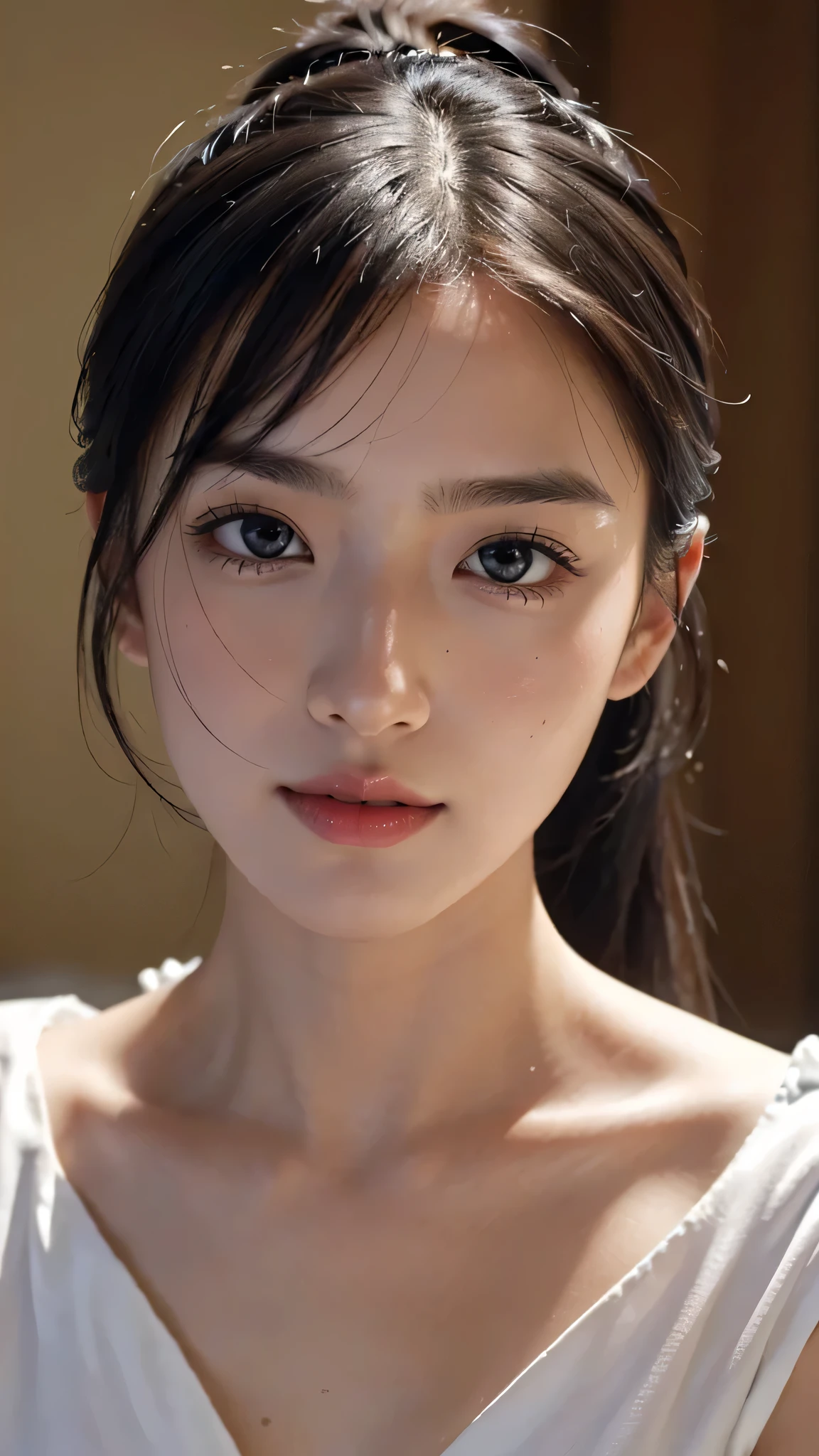 One woman,fully body photo,masutepiece, The highest image quality, High quality, the background is clear，Beautiful woman, Japanese, Detailed, Detailed eyes, Detailed skin, Beautiful skin, 超hight resolution, (reality: 1.4),Very beautiful woman, Slightly younger face, Beautiful skin, slender, (Ultra photo realsisim), (hight resolution), (8K), (Very detailed) (beautifully detailed eyes), (super detailed),   (Detailed face), view the viewer, Fine details, Detailed face, Staring straight ahead, Staring straight ahead, photos realistic, Bright lighting, Professional Lighting, Black hair,poneyTail,a baby face,sixteen years old,Hairstyle is ponytail,long ponytail hairstyle,slight smile,Orange colored long dress with lots of ruffles, softly shaped skirt,Spotlight on stage,close-up of face, 