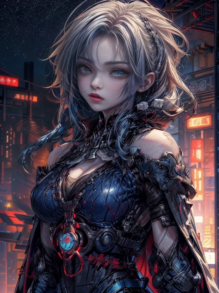 cinematic lighting、highest quality,cyberpunk world、1 female、(20 year old beautiful woman、Detailed beautiful facial features、shoulder length hair、blue hair、Very detailed and beautiful blue eyes:1.4)break,medium hair、（Bright blue hair、shining hair）（See here、chest and cleavage:1.4）（Cool and stylish cyber tech wear:1.2）(scratch、Returned blood adheres to the face and chest)(tattered cloak:1.3)android（beautiful starry sky scenery、roof of the building:1.2）(It&#39;s cold so white breath comes out of my mouth:1.5)