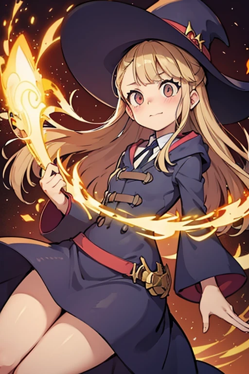 A golden haired female witch with hazel eyes with golden wings is wearing a Victorian dress is blushing in a flurry of golden feathers