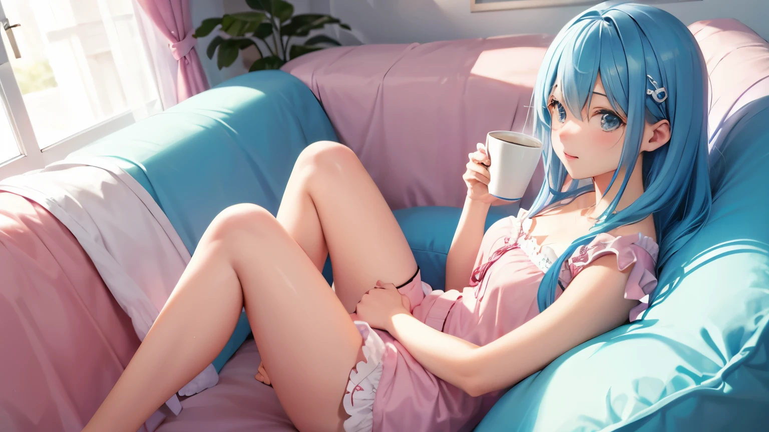 Fluffy sofa、blue hair girl、1people、cute、room wear、Pink feminine room、Drinking coffee on the sofa