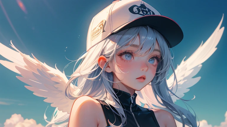 A lone angel with wings on each shoulder wearing a baseball cap floats in the sky. There is a woman with a black baseball cap and wings on her head., of an beautiful angel girl, angel girl, Wings only on both shoulders. Realistic anime 3d style, Gwaites style artwork, beautiful angel, Girl with angel wings, beautiful digital artwork, of beautiful angel, beautiful angel girl portrait, beautiful anime girl, anime style 4k, realistic 3d animation