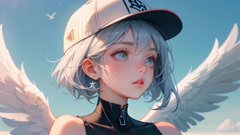 A lone angel with wings on each shoulder wearing a baseball cap floats in the sky. There is a woman with a black baseball cap and wings on her head., of an beautiful angel girl, angel girl, Wings only on both shoulders. Realistic anime 3d style, Gwaites style artwork, beautiful angel, Girl with angel wings, beautiful digital artwork, of beautiful angel, beautiful angel girl portrait, beautiful anime girl, anime style 4k, realistic 3d animation