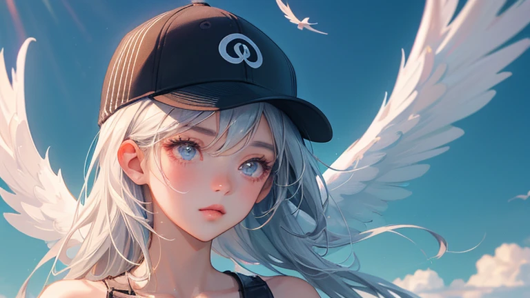 A lone angel with wings on each shoulder wearing a baseball cap floats in the sky. There is a woman with a black baseball cap and wings on her head., of an beautiful angel girl, angel girl, Wings only on both shoulders. Realistic anime 3d style, Gwaites style artwork, beautiful angel, Girl with angel wings, beautiful digital artwork, of beautiful angel, beautiful angel girl portrait, beautiful anime girl, anime style 4k, realistic 3d animation