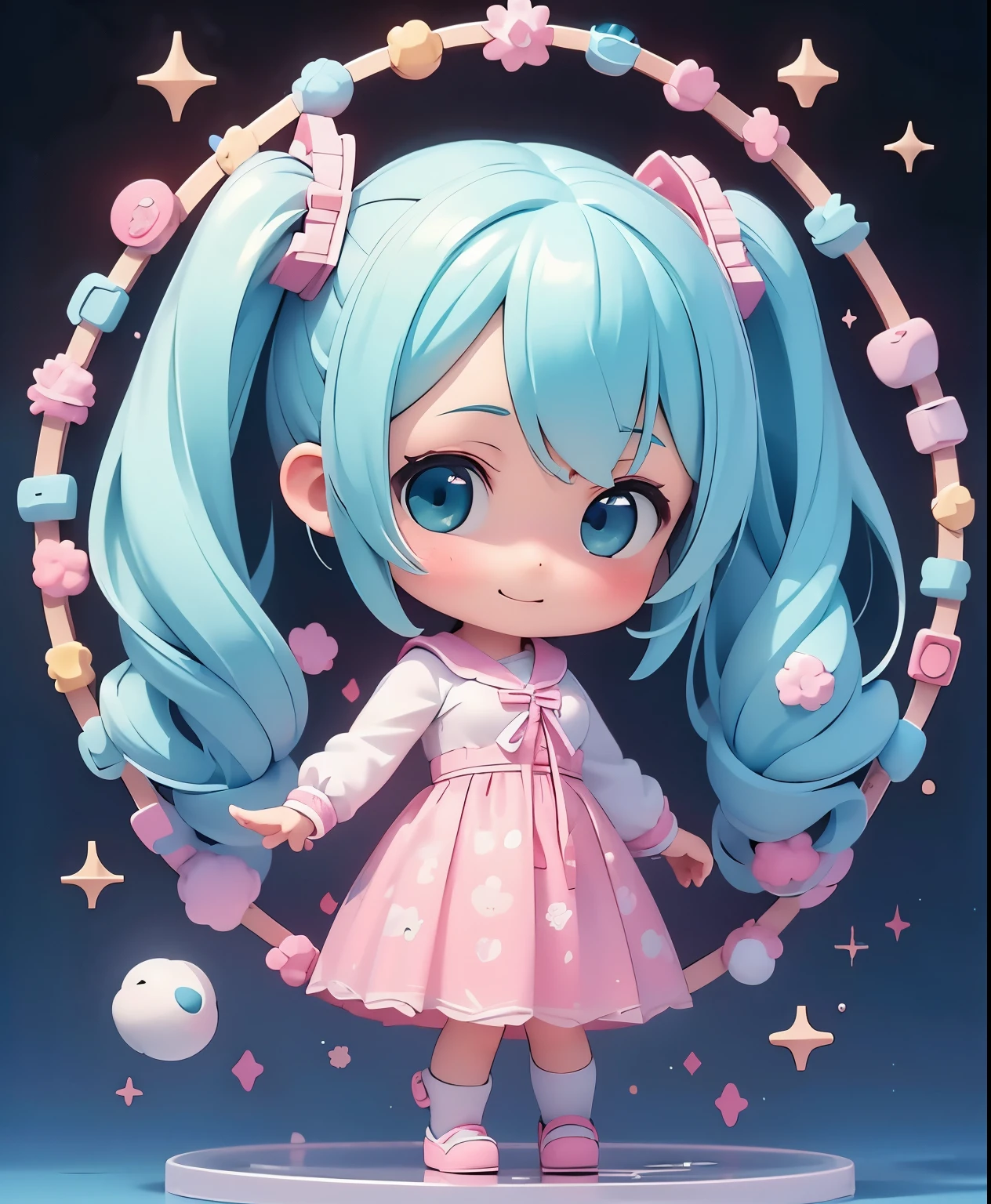 (masterpiece、highest quality、highest quality、official art、beautiful beautiful:1.2)、(1 girl:1.3)Hatsune Miku、twin tails,big breasts,満月を背景に月明かりの下で自転車に乗るanime girl, anime moe art style, mikudayo, Chibi anime girl, chibi girl, anime chibi, Watercolor Nendoroid, cute animeの女の子, (anime girl), chibi art, cute art style, Anime visuals of cute girls, Chibi Anime, pixiv, cute anime, starry sky!!