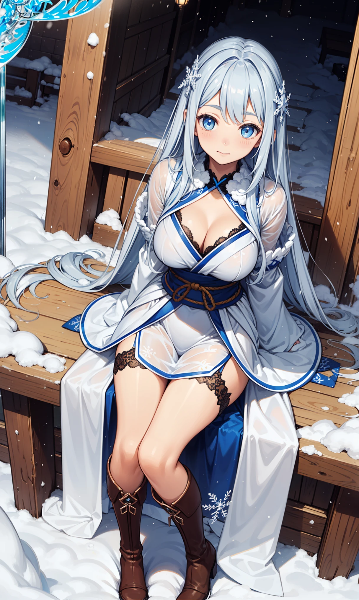 saints,Attractions,having fun,in love,(Western magic white dress),silver hair,blue eyes,Suitable for transparent clothes,Decoration of saints,Sky blue cloth,Snowflake pattern,Sky blue pattern,snowy night,Transparent lace,exquisite clothing,sitting position,the only person,Japanese garden,(night:1.1),snow,(Long suspender boots:1.1),Exquisite and beautiful face,sitting position,Snowstorm hits,Exquisite and beautiful eyes