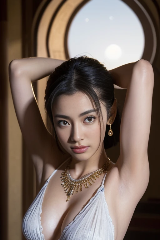(Masterpiece:1.2), very detailed, Ultra high resolution, (realistic, photo realistic:1.37), Highly detailed RAW color photos, professional photos, Delicate and extremely beautiful, very detailed, 8K wallpaper, miraculous, exquisite details, Big file size, very detailed beautiful girl, very detailed face, very detailed eyes, very detailed skin, very detailed fingers, very detailed nose, very detailed mouth, perfect anatomy, highly detailed background, (Famous Japanese actresses:1.4), (make it better:1.3), (Flat chest:1.2), dynamic light, (Egyptian clothes had little fabric.:1.2), belly chain, Anklet, hair accessories, (arabic architecture, Medieval Arabian style:1.35), (armpit:1.3), (moonlight:1.3),