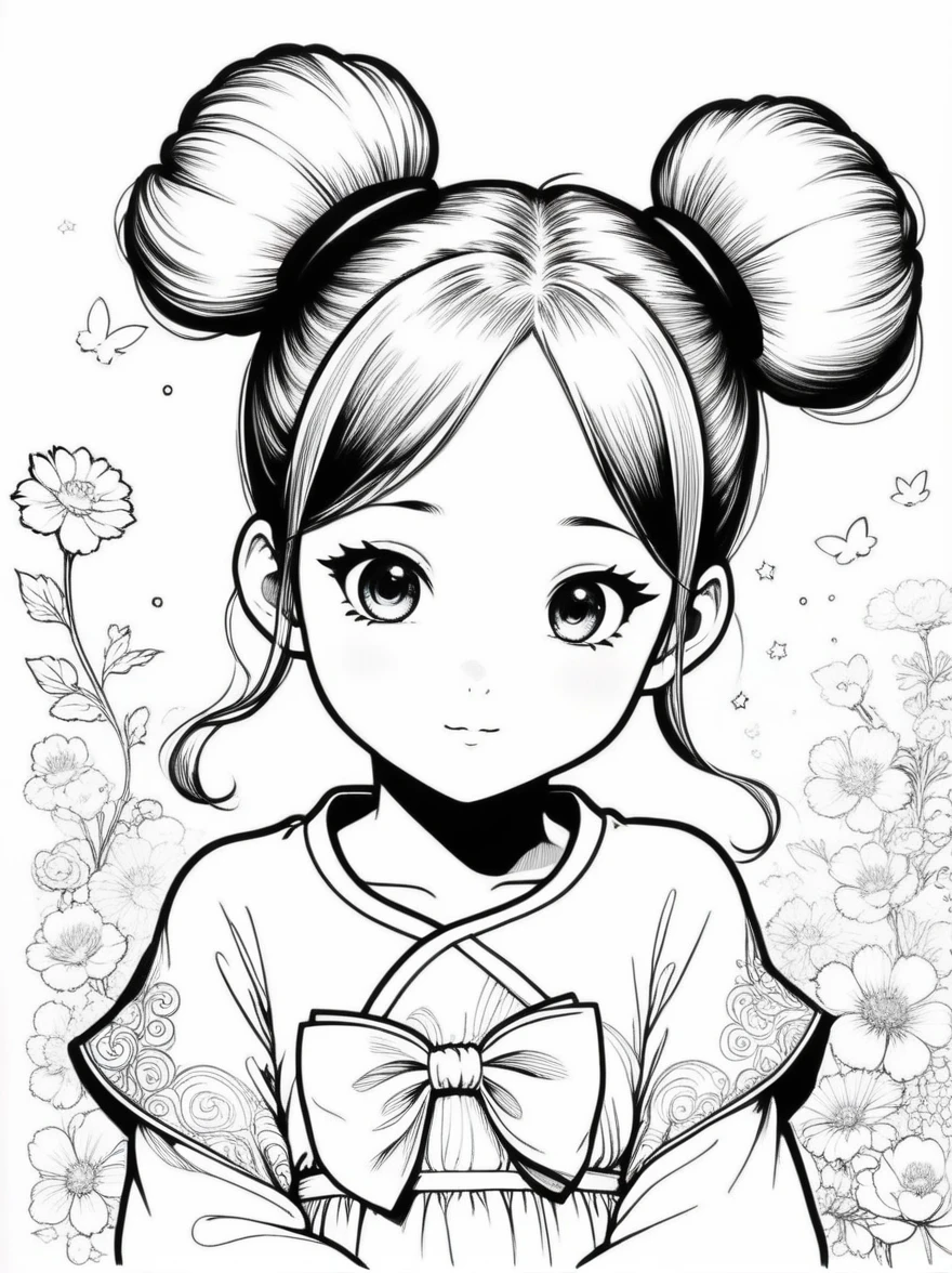 Works by Akira Toriyama，((Anime line drawing:1.8))，((Black Lines))，dream，sketch，Ethereal，dream，((美轮美奂的5 years old精灵???))，(((5 years old)))，((solo))，cute，kawaii，wonderland，(Little)，((Bun hair bun))，composition
