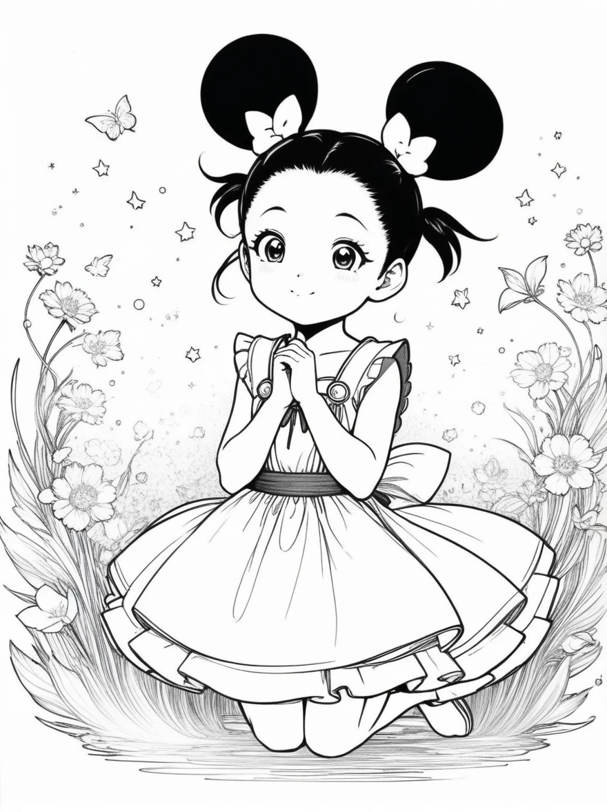 Works by Akira Toriyama，((Anime line drawing:1.8))，((Black Lines))，dream，sketch，Ethereal，dream，((美轮美奂的5 years old精灵???))，(((5 years old)))，((solo))，cute，kawaii，wonderland，(Little)，((Bun hair bun))，composition