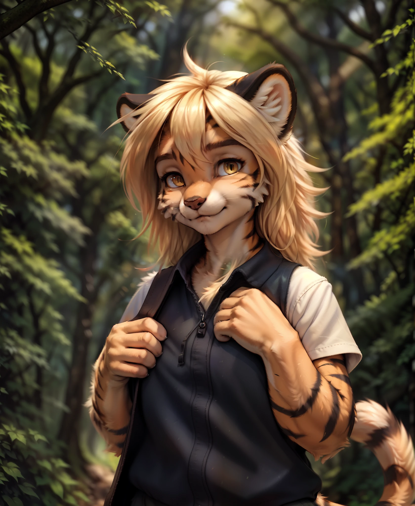 by kenket, by totesfleisch8, (by thebigslick, by silverfox5213:0.8), (by syuro:0.2),, ivy-twokinds, twokinds, (best quality, masterpiece:1), solo, furry female anthro, yellow eyes, blond hair, medium hair, tiger tail, finger claws, portrait, looking at viewer, (outdoors dark forest trees blurry blurred background:1.1), 