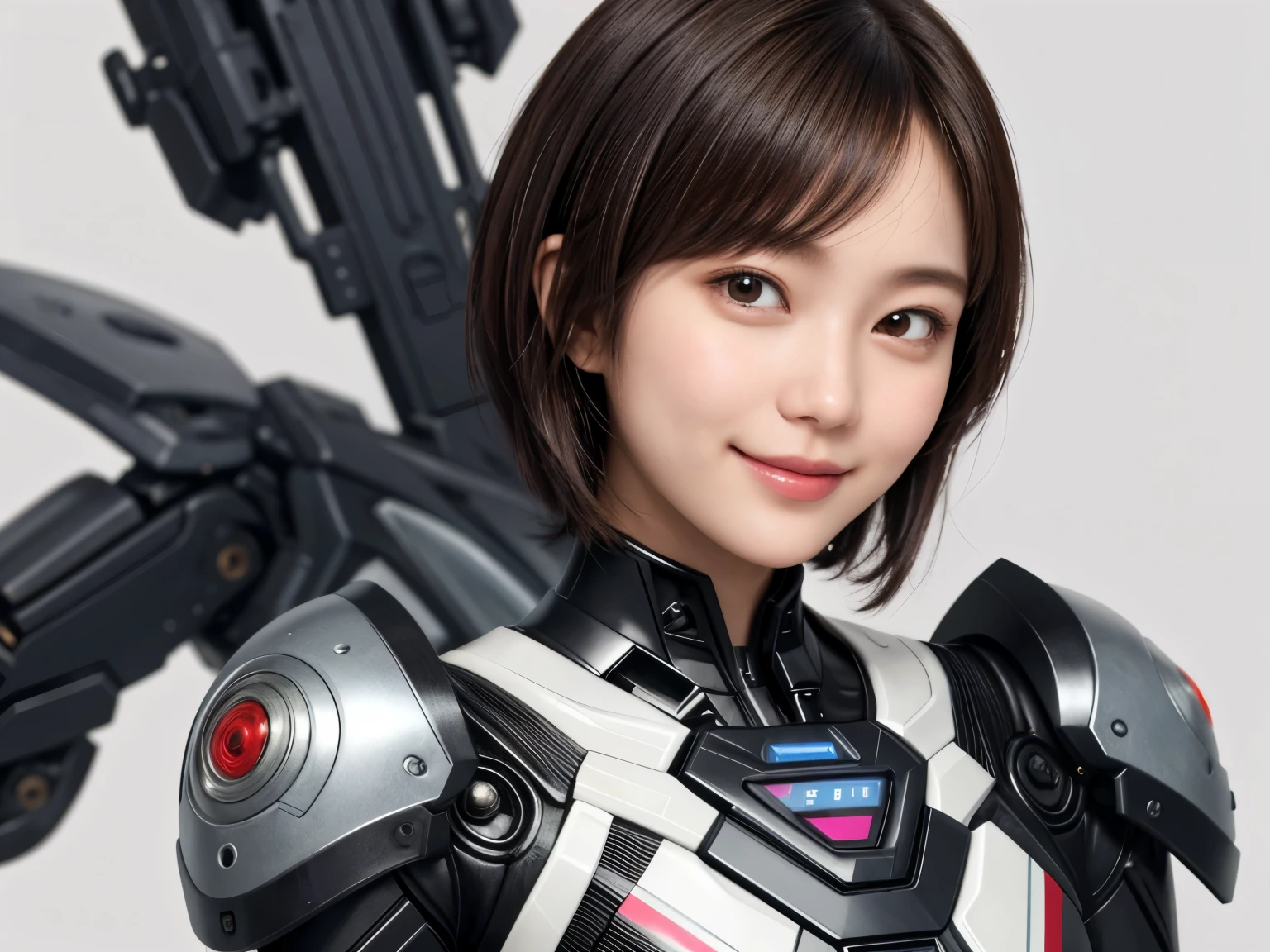 207 Short Hair, 20 year old female, Floral, gentle smile, futuristic clothes, mechanical suit