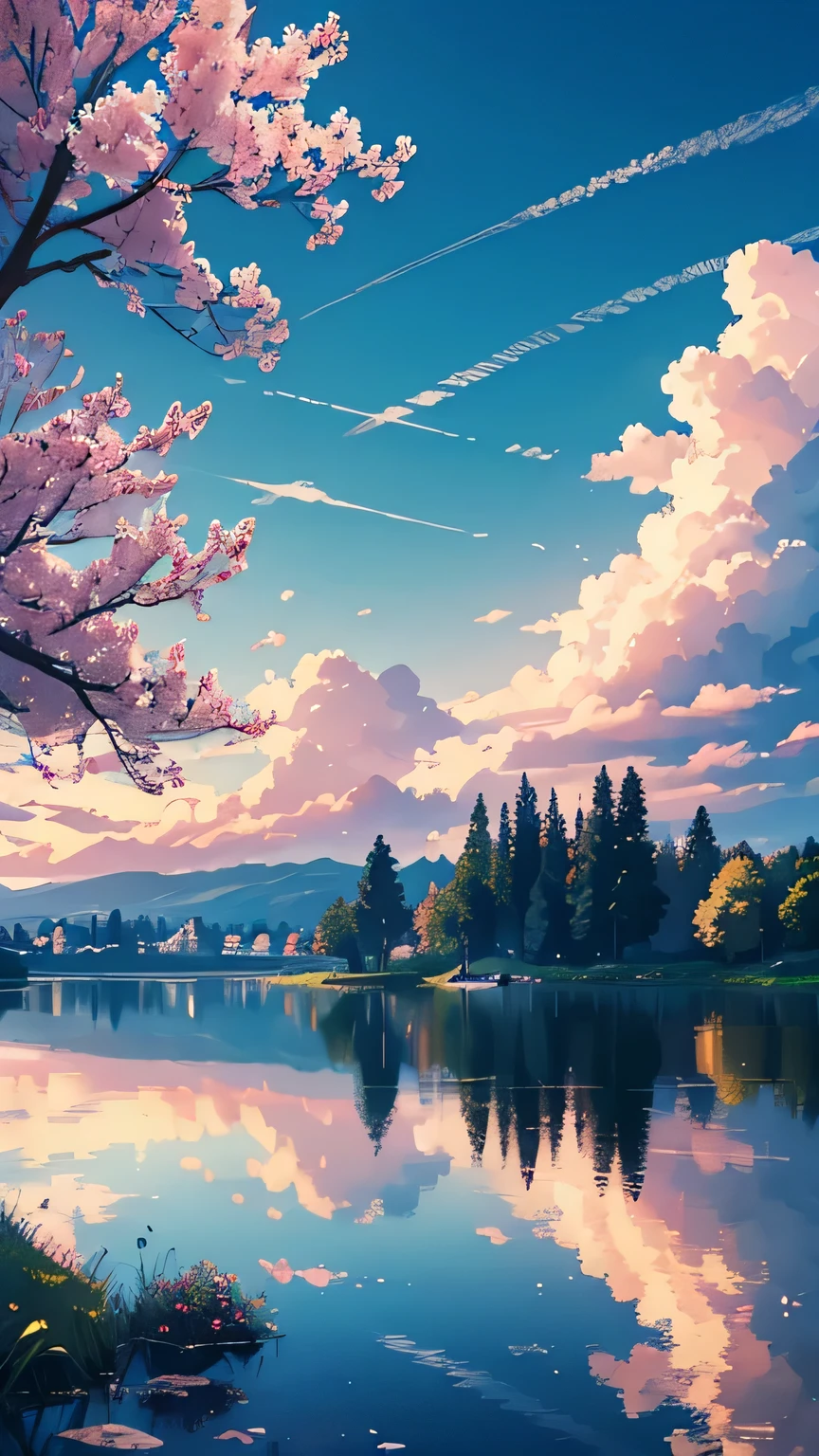 an extremely delicate and beautiful girl, 8k wallpaper, masterpiece,Cinematic Lighting, best quality,Illustration,detailed face depiction,scenery,tree,no humans,clear blue sky,cloud,outdoors,reflection,sky,building,water,daylight,blurry,summer