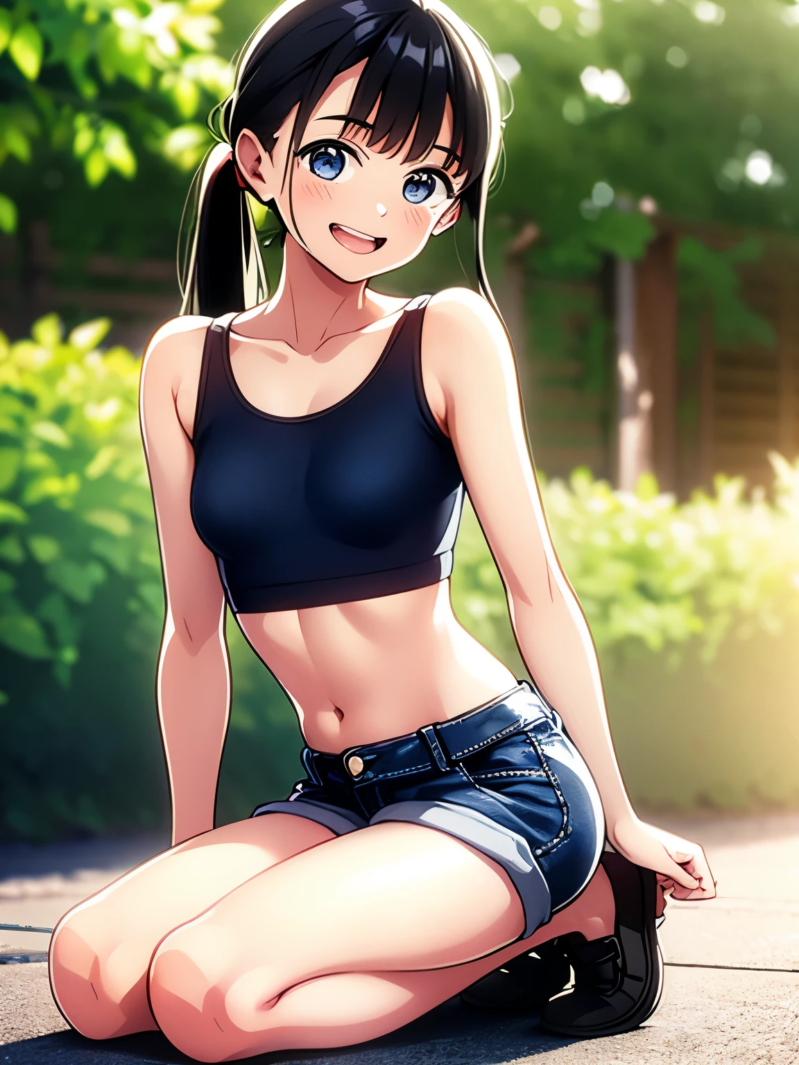 A girl, kneeling on the playground after school, ((full body visible)), far away from viewer.
She is a beautiful, pretty, adorable, cute, young, .
She is slim, slender, , skinny, (flat chest), (tiny boobs), (small breasts).
She is sweating, wet, soaked. Clothes transparent, sweat on skin, wet hair.
She is grinning, smiling. She looks natural, relaxed, unpretentious.
Trickery face. Making funny faces. (Tongue sticking out), telling a secret, hiding a secret, shy, excited. 
She stares, looking at viewer.
She has a black ponytail. akebi komichi, smiling at you
She wears , a rolled-up white shirt with blue collar, a colored Corduroy sport bra under shirt, blue shorts, wearing two layers. 
shirtlift, . (((She lifts up her shirt, showing off her sports bra underneath))).
Camera focused on her face, light on face, very large aperture, ((f/1.2)), shallow depth-of-field, strong background lens blur,  ISO 3000, auto white balance, 
Extremely detailed, professional lighting, soft light, raw photo, fashion model for uniqlo,
best quality, masterpiece, award-winning photography, huge filesize, 8k, highres,
shot on Sony DSLR.