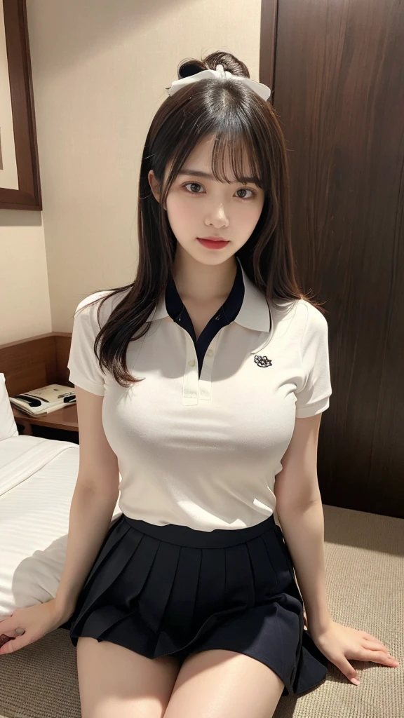 muste piece, best quality, illustration, Super detailed, fine details, High resolution, 8K,wall paper, perfect dynamic composition,(Details High quality, realistic depiction of eyes:1.3), (Polo shirt with collar), pleated skirt, (ponytail)、black hair color, Big Natural Color Lip, bold sexy pose, (perfect body shape), crying a little、cold gaze, Harajuku style、20 year old girl、cute type、lolita、beautiful legs, hotel room, hposing Gravure Idol, Voluptuous thighs