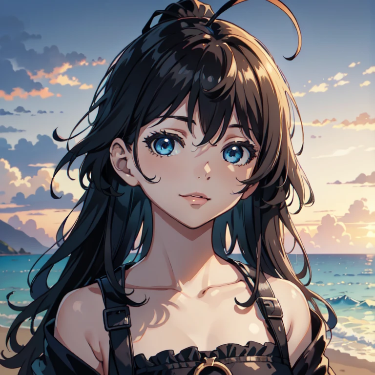 (Raw image:1.2), (reality:1.4),(Masterpiece:1.3),(Best quality:1.4),Very high accuracy,Human development report,8k, (Extreme detailed illustration), 1 girl, Beautiful detailed face, , Long curly hair,He smiles,Single, Look at the scenes,Clear background, on the beach, Depth of field, Natural lighting,(see-through silhouette),ulzzang-6500-v1.1:0.7
