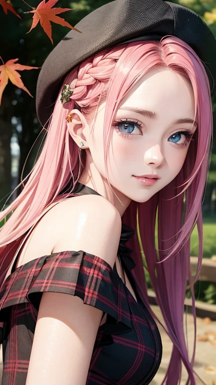 masterpiece、highest quality、High resolution、high quality images、8K, 1 female、skin luster、Texture of skin and clothing、Expression of fine eyes、Shiny bright pink hair,Girl with long braided hair, Manga inspired by Lee Jong-suk, trending on deviantart, realism, detailed manga style, manga art style, perfect line drawing, beautiful line drawing, digital manga art girl, K-POPアイドル, dress, beautiful blue eyes, plump lips, detailed gorgeous face, (cute smile), charm, innocent, Side view, (perfectly detailed face), (fine hands) photorealistic images, Depth of written boundary, Princess Hairstyles, autumn leaves, Tartan check dress,autumn leaves,美しいautumn leaves,romanticism,