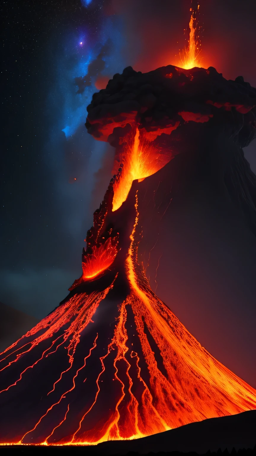 the volcano erupted, lava, village, night sky, giant monster, 8k