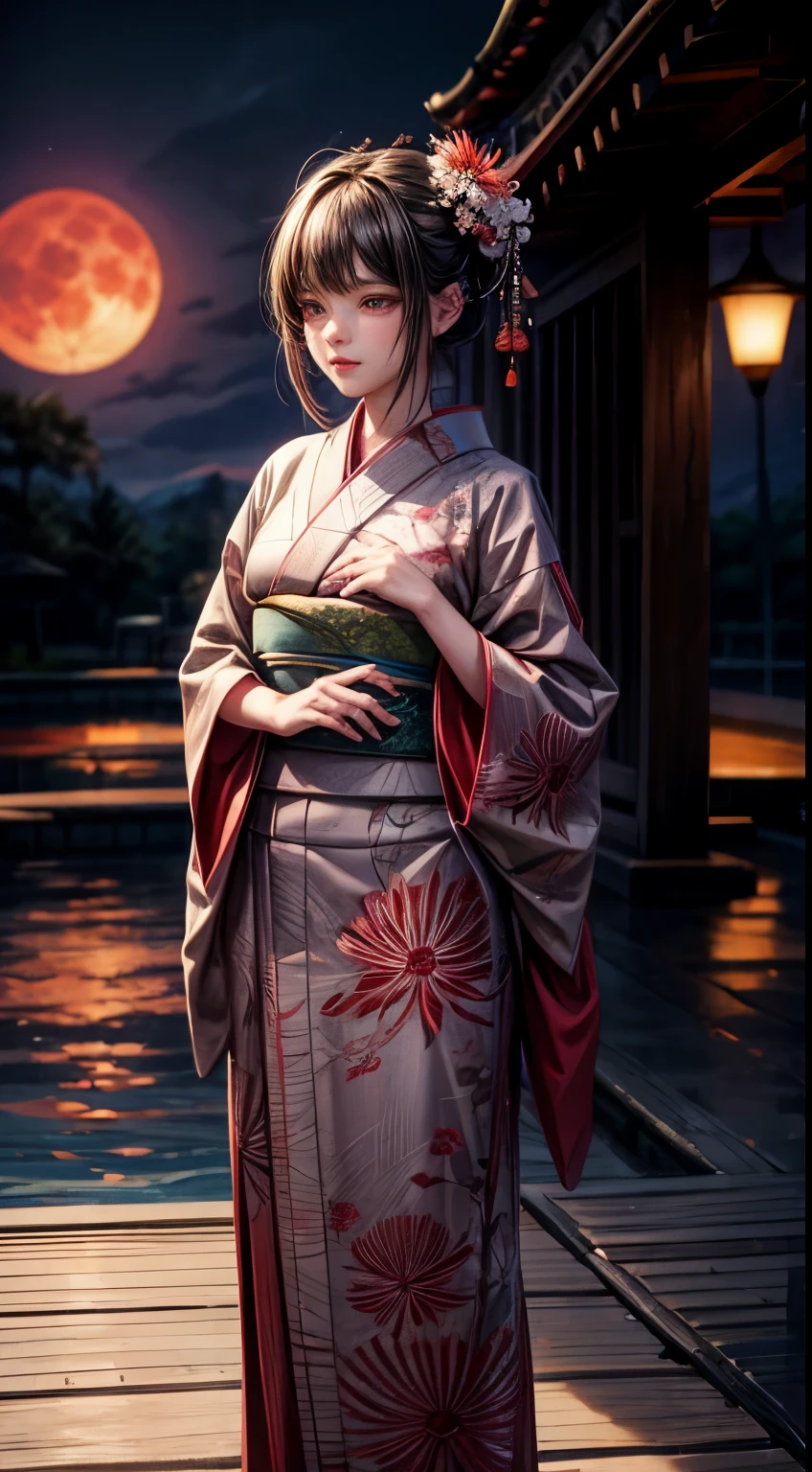 (pool:0.6),(Sand road:0.4),(A large number of red spider lilies in full bloom:0.4),(girl:0.1)
(masterpiece), highest quality, expressive eyes, perfect face, Late at night, a woman wearing a kimono is standing alone on the shore of a pool with the red moon and a pool in the background, but、Due to backlighting from the moon, Her face in front is in shadow、I can&#39;t see her expression, but、Only her eyes are glowing red.. It&#39;s just narrow, A straight gravel path that one person can walk through to reach the woman&#39;s feet., And the rest is covered with countless clusters of blooming spider lilies..