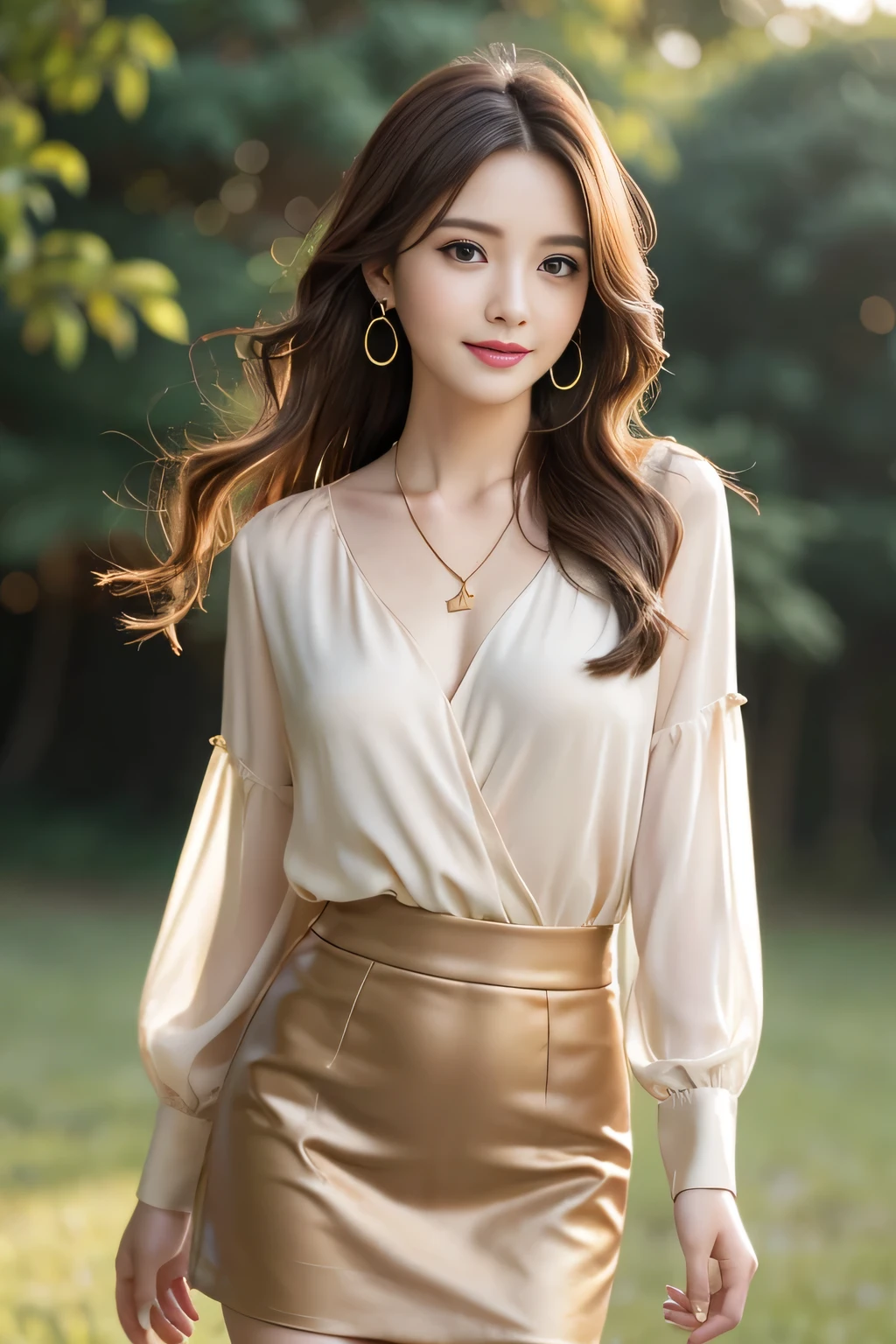 Show、whole body、field, highest quality, realistic, Super detailed, down to the last detail, High resolution, 4k wallpaper, Beautiful woman,, light brown hair, wore a suit, perfect dynamic composition, beautiful and delicate eyes, delicate hair, Round face model body type、mini skirt、droopy eyes,shy smile,silk blouse、Blouse with ribbon:1.3、((brown semi-long hair:1.2))((Hair with loose waves on the inside:1.2)),((shy smile:1.3)),((gold necklace＿Larger earrings:1.2)),whole bodyショット、((Standing whole body figure supermodel, whole bodyがフレーム内に収まる))