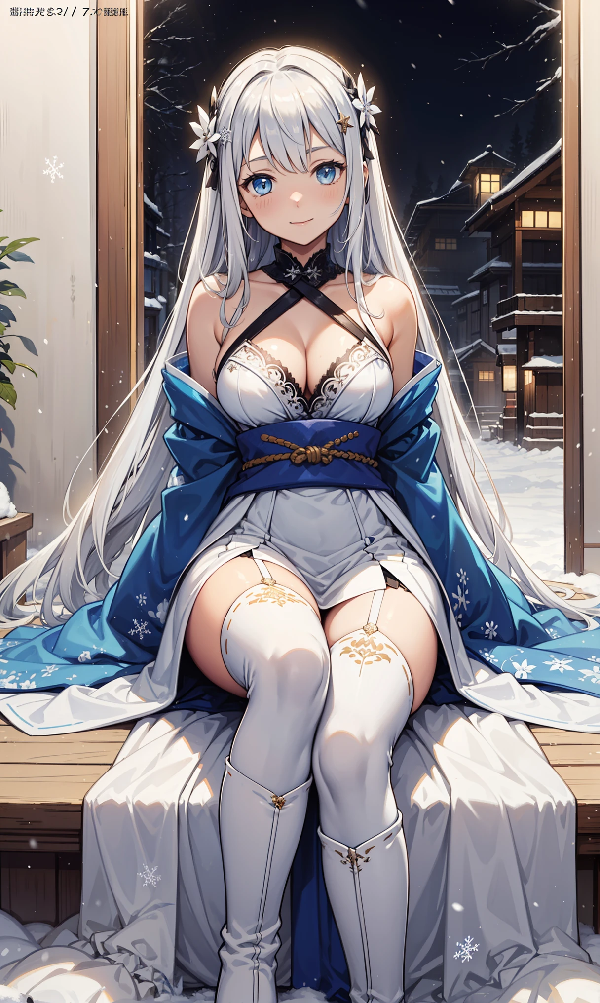 saints,Attractions,having fun,in love,(Western magic white dress),silver hair,blue eyes,Suitable for transparent clothes,Decoration of saints,Sky blue cloth,Snowflake pattern,Sky blue pattern,snowy night,Transparent lace,exquisite clothing,sitting position,the only person,Japanese garden,(night:1.1),snow,(White suspender boots:1.1),Exquisite and beautiful face,sitting position,Snowstorm hits,Exquisite and beautiful eyes