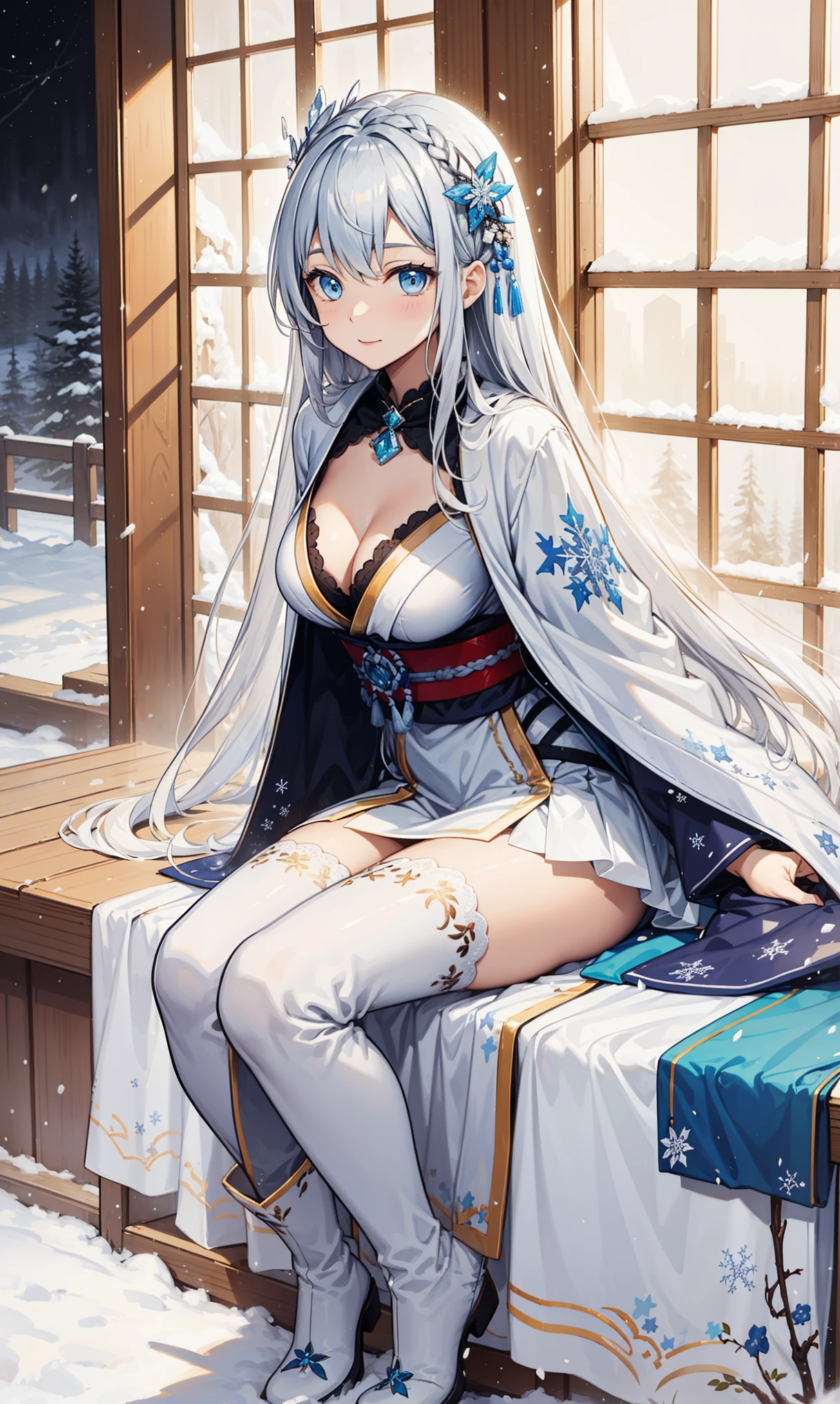 saints，Attractions，having fun，in love，(Western magic white dress)，silver hair，blue eyes，Suitable for transparent clothes，Decoration of saints，Sky blue cloth，Snowflake pattern，Sky blue pattern，snowy night，Transparent lace，exquisite clothing，sitting position，the only person，Japanese garden，(night:1.1)，snow，(White suspender boots:1.1)，Exquisite and beautiful face，sitting position，Snowstorm hits，Exquisite and beautiful eyes