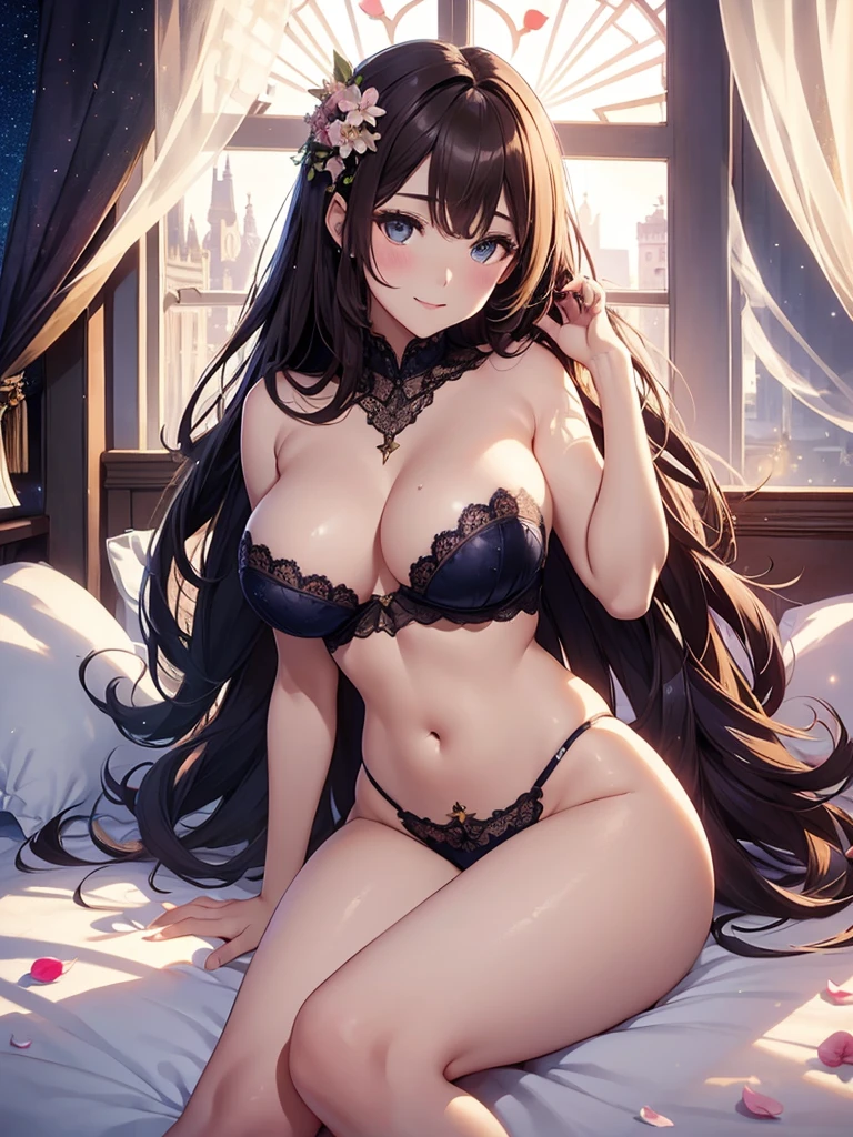 beautiful beauty(lie on bed) elegant(M-shaped spread legs)low angle、Beautiful eyes、Gentle atmosphere、beautiful underwear、a lot of cherry blossom、brown hair、sexy、Sweat、wet、friendly smile、hotel room、fantasy、magic light、mysterious light、rembrandt Light Magical Gentle Light 、starrynight,universe、body stockings、big breasts、bust 90、detailed groin、beautiful city、window、starry sky、beautifulstarrynightnight view、beautiful decoration、art nouveau、Alphonse..Mucha、falling petals、ART、UHD、highest quality、masterpiece、SHARP、