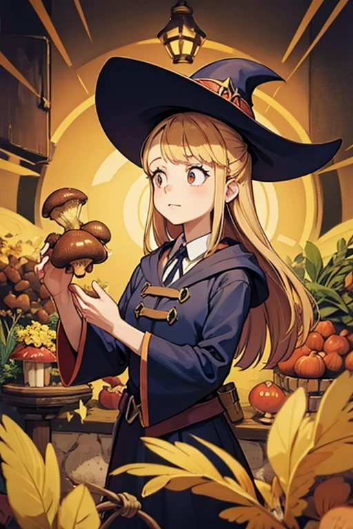 A golden haired female witch with hazel eyes with golden wings is wearing a Victorian dress is picking mushrooms