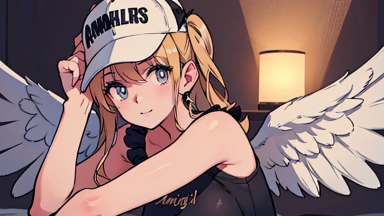 A lone angel with wings on each shoulder wearing a baseball cap floats in the sky. There is a woman with a (black baseball cap) and wings on her head., of an beautiful angel girl, angel girl, Wings only on both shoulders. Realistic anime 3d style, Gwaites style artwork, beautiful angel, Girl with angel wings, beautiful digital artwork, of beautiful angel, beautiful angel girl portrait, beautiful anime girl, anime style 4k, realistic 3d animation