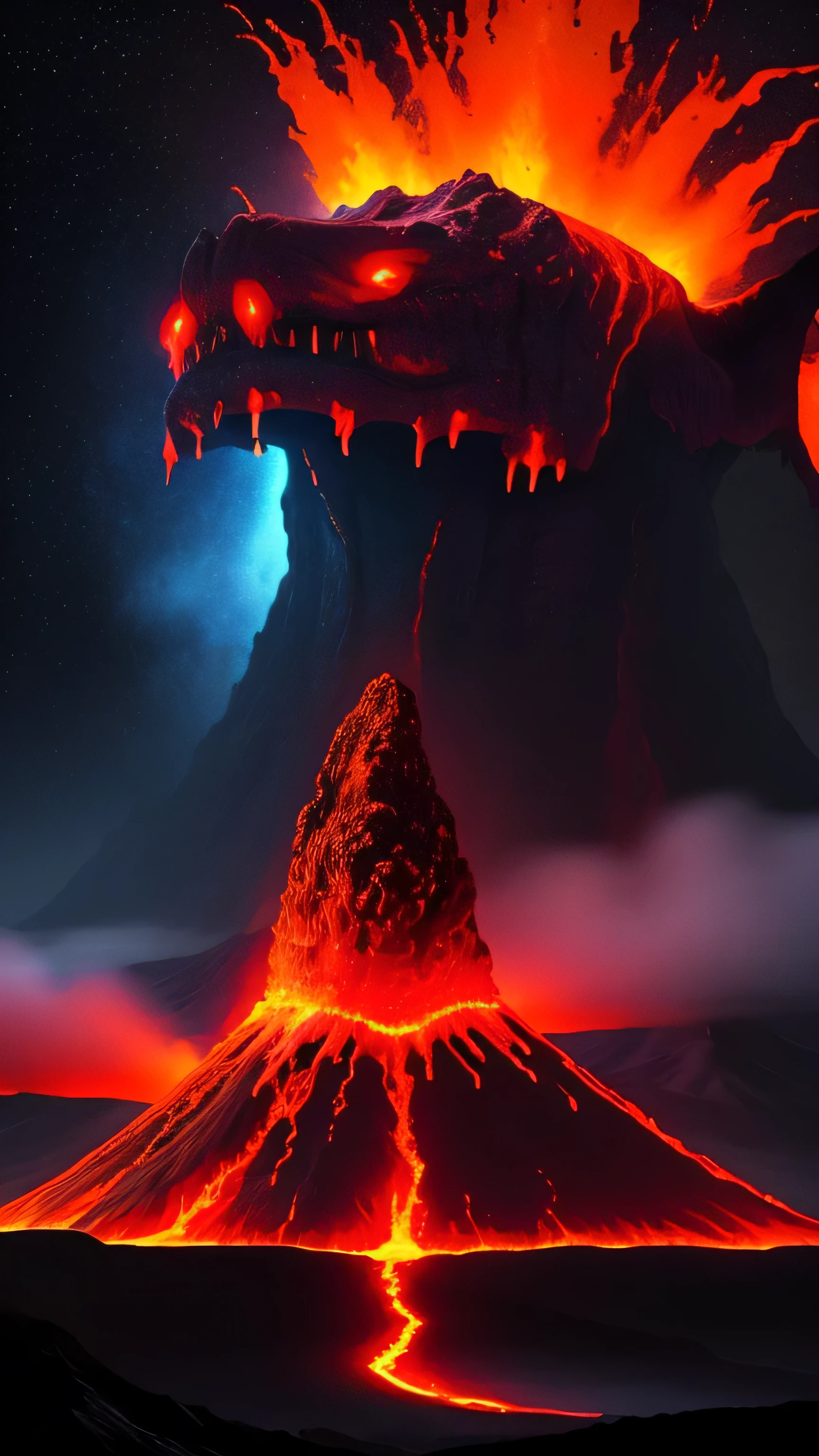the volcano erupted, lava, night sky, giant scary monster, 8k
