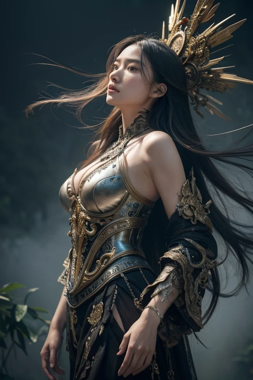 By Jason Chan, Wild Immortals dance amid the swirling mist., Each one is decorated with life., Heavenly clothes, Gathering the power of lonely nature, (gorgeous background, full of details:1.2), (technology, Futurist:1.2), Baroque Cybernetics, Baroque-inspired aesthetic combined with cybernetic elements., complicated details with a Futuristic edge, The complexity of ornamental plants, (Masterpiece, complicated details:1.2), look at viewer, dynamic gesture, Nicola Samori's style