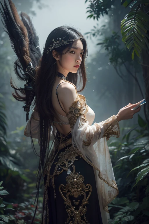 By Jason Chan, Wild Immortals dance amid the swirling mist., Each one is decorated with life., Heavenly clothes, Gathering the power of lonely nature, (gorgeous background, full of details:1.2), (technology, Futurist:1.2), Baroque Cybernetics, Baroque-inspired aesthetic combined with cybernetic elements., complicated details with a Futuristic edge, The complexity of ornamental plants, (Masterpiece, complicated details:1.2), look at viewer, dynamic gesture, Nicola Samori's style