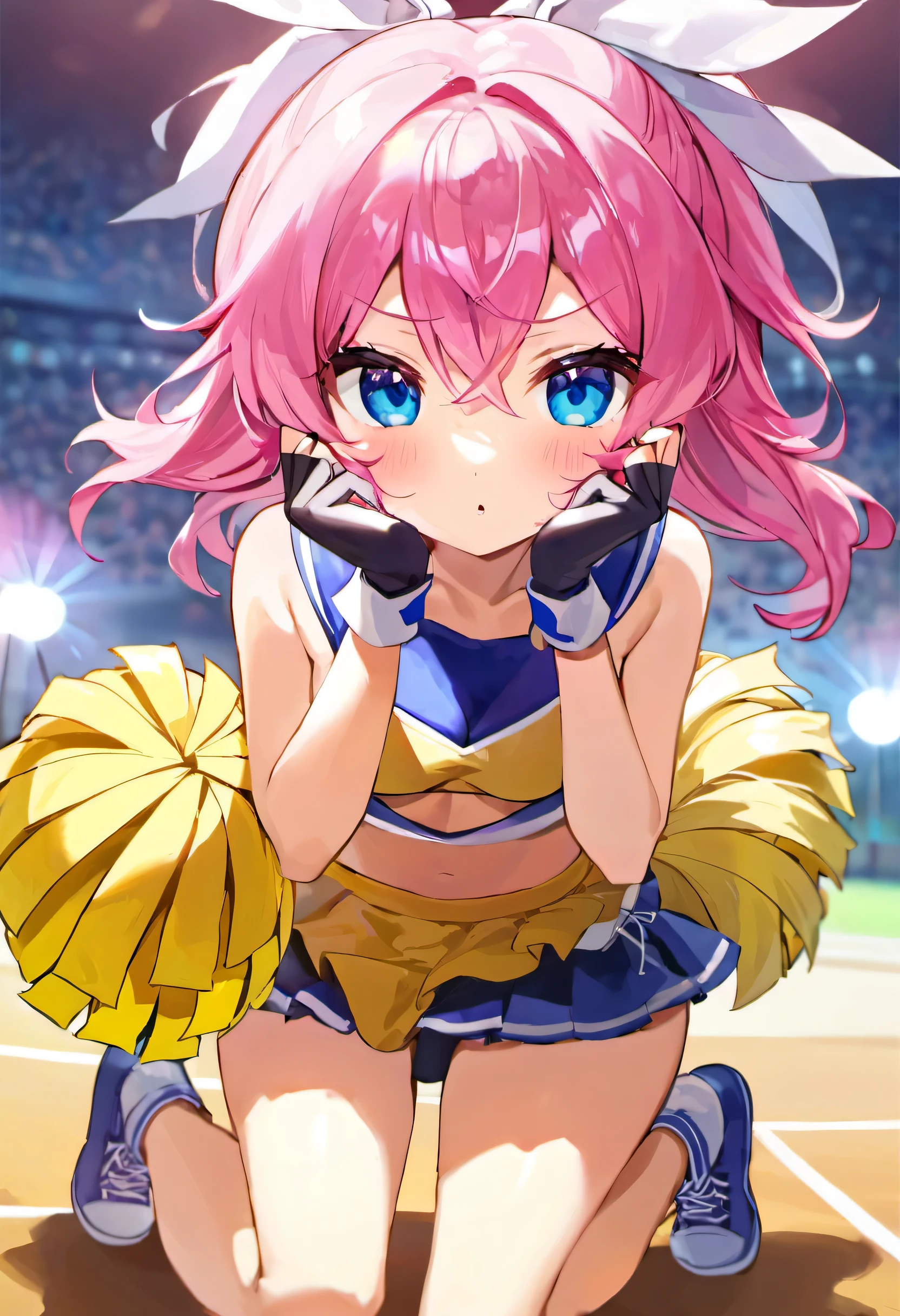 Woman, cheerleader, holding down a katana, perfect hands, fingerless gloves, ultra detailed face, ultra detailed hair, long eyelashes, sharp eyes, glowing blue eyes, cute pose 