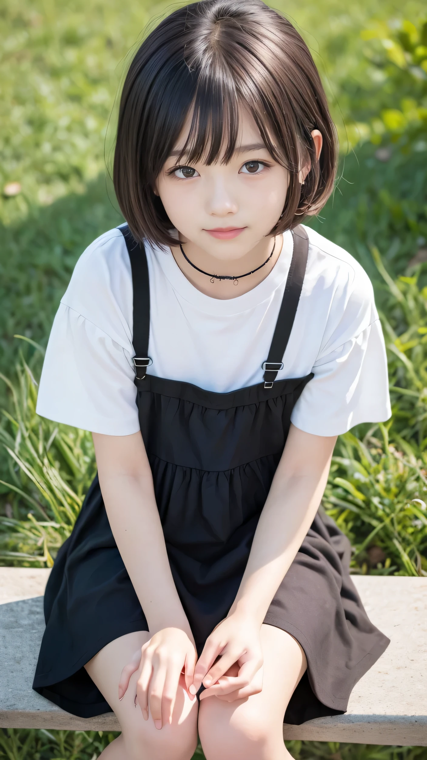 table top, highest quality, 8K, I&#39;m 11 years old, teen, Raw photo, absurd, award winning portrait, smile, smile, alone, idol face, viola lace, gardenia, delicate girl, Upper body,full body shot, Digital single-lens reflex camera, 視Looking at the listener, Frank, Sophisticated, Zola々right, thin arms,small mouth,cute face, professional lighting, film grain, chromatic aberration, (Eye and face details:1.0), (Bokeh:1.1), 、lolicon、Looking at the listener, barefoot, dress, sitting, short sleeve, 視Looking at the listener, Grass, short hair, smile, dark brown hair, plump sleeves, outdoor, puffy short sleeve, bangs, 